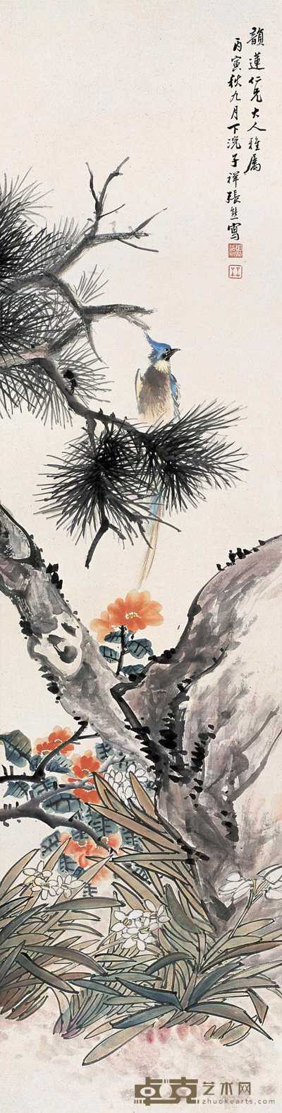 张熊 丙寅(1866)年作 花鸟 立轴 131×33.5cm